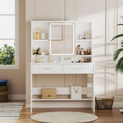 Dressing Table with LED Light,Vanity Desk with Mirror,Adjustable Brightness,Makeup Desk with Jewellery Storage and Open Shelves by zapcart