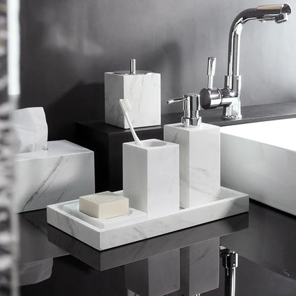 Volakos White Natural Marble Bathroom Set Soap Dispenser Soap Dish Toilet Brush Tissue Box Tray Bathroom Accessories by zapcart