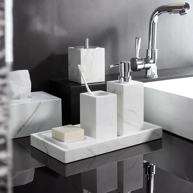 Volakos White Natural Marble Bathroom Set Soap Dispenser Soap Dish Toilet Brush Tissue Box Tray Bathroom Accessories by zapcart