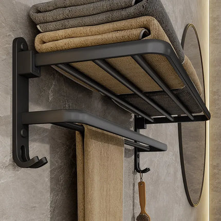 Matte Black 50CM Folding Holder With Hook Towel Holder Wall Mount AluminumTowel Rack by zapcart