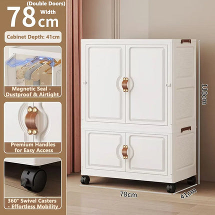Foldable Child's Wardrobe Large Capacity Non-Install Double Door Storage Cabinet Simple Design with Wheels Organizer Cabinet by zapcart