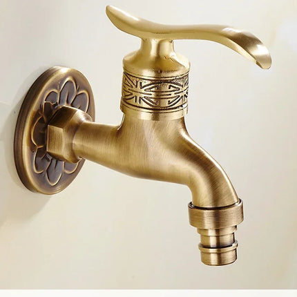 Carved Wall Mount Bibcock Brass Retro Tap Decorative Outdoor Garden Taps Washing Machine Mop Luxury Antique WC Faucet by zapcart