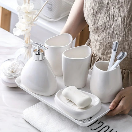 4/5 Pcs Modern Ceramic Bathroom Accessory Set with Pump Dispenser Tumbler Toothbrush Holder and Soap Dish Bathroom Supplies by zapcart