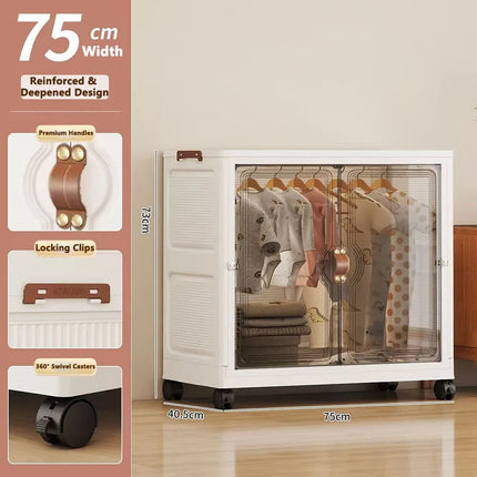 Foldable Child's Wardrobe Double Doors Large Capacity Storage Cabinet Simple Design Portable Organizer with Wheels for Kids Room by zapcart