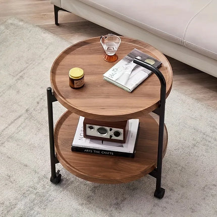 Multifunctional Double-Layer Coffee Table with Wheels, Hardwood Side Table and Rolling Storage, Ideal - Brown, Retro Style by zapcart
