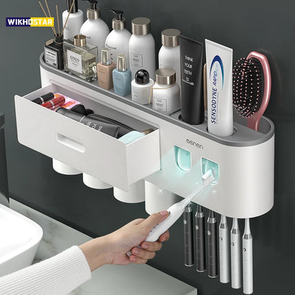 WIKHOSTEAR Wall mounted Toothbrush Holder Magnetic Adsorption Inverted Toothpaste Squeezer Double Automatic Toothpaste Dispenser by zapcart