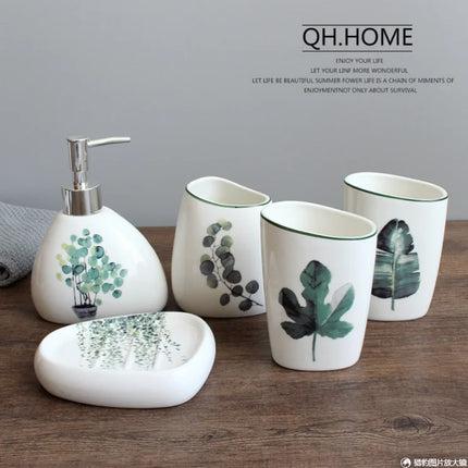 Green Nordic Ceramic Bathroom Set - Soap Dispenser, Toothbrush Holder, Tumbler & Soap Dish for Stylish Bathroom Organization by zapcart