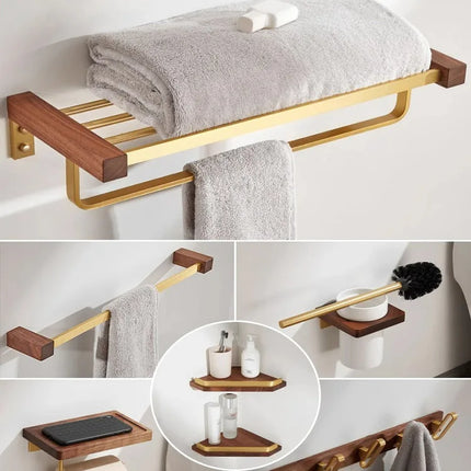 Walnut Wood Brushed Gold Bathroom Hardware Set Towel Rack Toilet Paper Holder Towel Bar Robe Hook Shelf Bathroom Accessories by zapcart