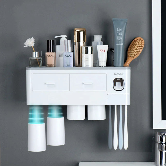 Magnetic Adsorption Inverted Toothbrush Holder Automatic Toothpaste Dispenser With Cup Toothpaste Bathroom Accessories Set by zapcart