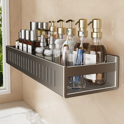 Gun Gray Wall Mounted No Drill Bathroom Shelf Shower Storage Rack Toilet Vanity Organizer Bathroom Accessories by zapcart