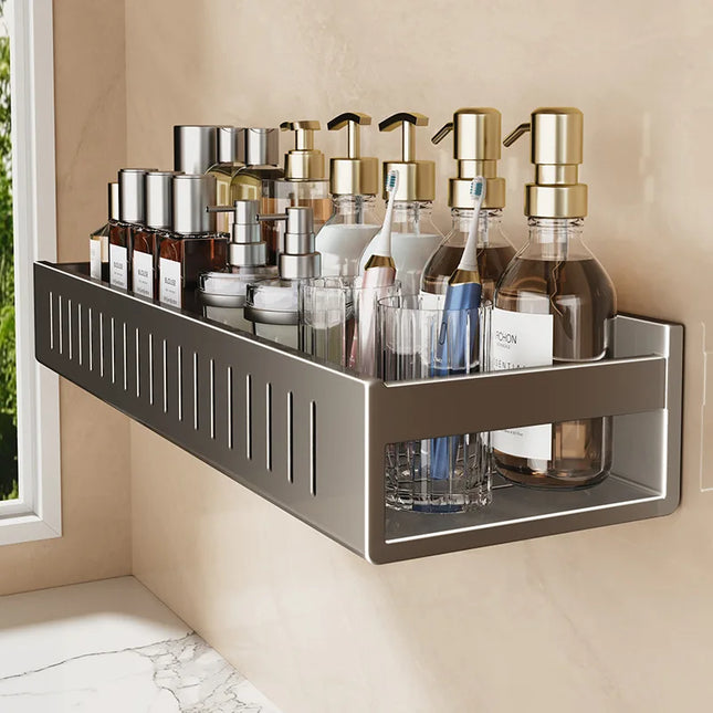 Gun Gray Wall Mounted No Drill Bathroom Shelf Shower Storage Rack Toilet Vanity Organizer Bathroom Accessories by zapcart