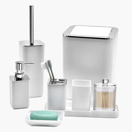 8Pcs/Set Soap Dispenser Box Toilet Brush Lotion Bottle Trash Can Bamboo Plastic Bathroom Storage Set Toothbrush Cup Holder by zapcart