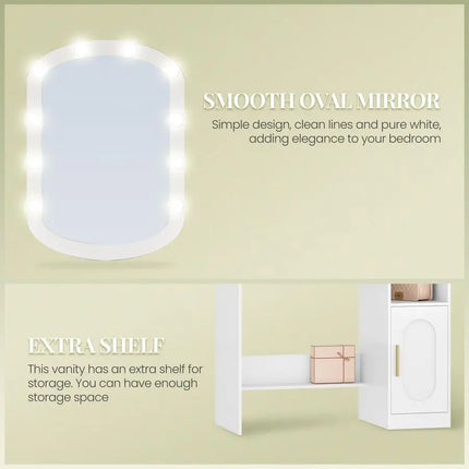 Table with Oval Mirror, Dressing Table with LED Lights, Adjustable Brightness, Vanity Desk with Drawer, Cabinet and Open Compar by zapcart