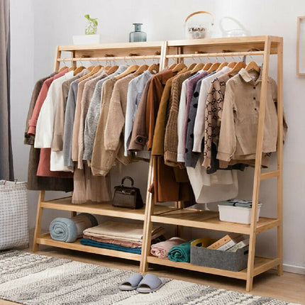 Bamboo Clothes Rail Stand Garment Rack Heavy Duty with 3 Tier Storage Shelves by zapcart