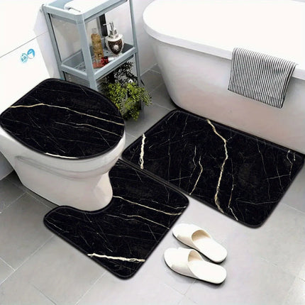 Golden Crack Luxury Black Marble Bathroom Set - Soft Non Slip Contour Mat, Toilet Lid, and Bath Mat for Elegant Home Decor by zapcart