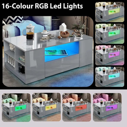 Gloss Coffee Table, Coffee Table with Storage, Coffee Tables for Living Room with Led RGB Lights 2 Drawer Storage and Open Shel by zapcart