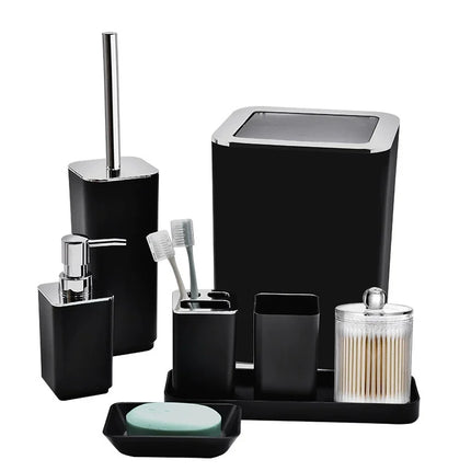 8Pcs/Set Soap Dispenser Box Toilet Brush Lotion Bottle Trash Can Bamboo Plastic Bathroom Storage Set Toothbrush Cup Holder by zapcart