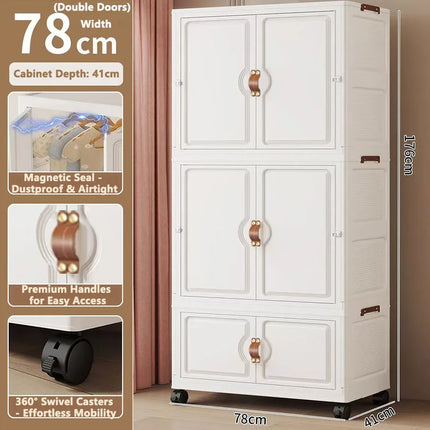Foldable Child's Wardrobe Large Capacity Non-Install Double Door Storage Cabinet Simple Design with Wheels Organizer Cabinet by zapcart