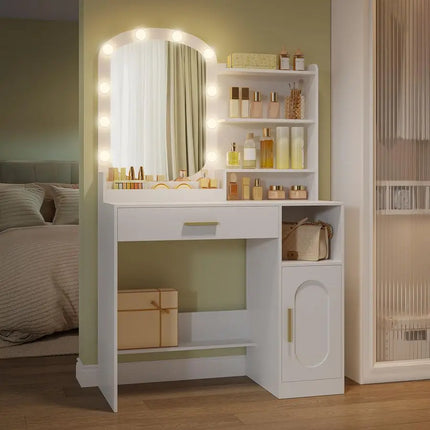 Table with Oval Mirror, Dressing Table with LED Lights, Adjustable Brightness, Vanity Desk with Drawer, Cabinet and Open Compar by zapcart