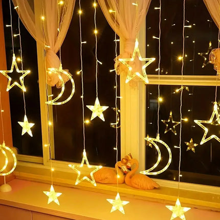 Solar Powered Star Moon LED Curtain String Light 8 Modes Hanging Fairy Garland Light for Garden Wedding Party Ramadan Decoration by zapcart