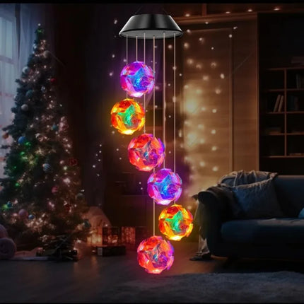 1pc Solar Powered Color Changing Pink Embroidered Ball Flower Wind Chime Light Waterproof Outdoor Night Light Hanging Solar Lamp by zapcart