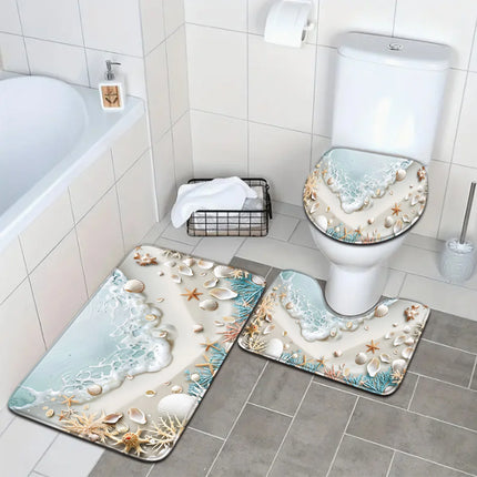 Beach Seaweed and Shell Bathroom Set - Soft Non Slip Contour Mat, Toilet Lid, and Bath Mat, Suitable for Beach Style Home Decor by zapcart