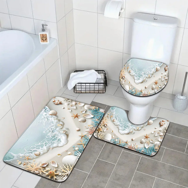 Beach Seaweed and Shell Bathroom Set - Soft Non Slip Contour Mat, Toilet Lid, and Bath Mat, Suitable for Beach Style Home Decor by zapcart