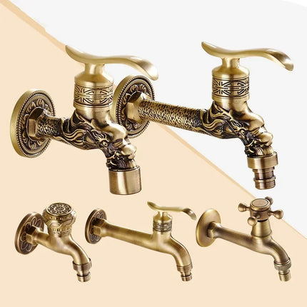 Carved Wall Mount Bibcock Brass Retro Tap Decorative Outdoor Garden Taps Washing Machine Mop Luxury Antique WC Faucet by zapcart