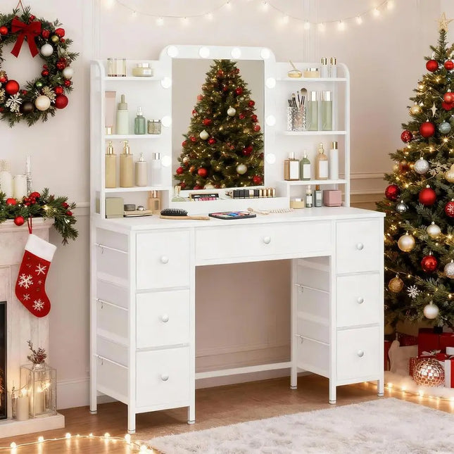 Dressing Table with Mirror, Vanity Desk with 3Color LED Lights Adjustable Brightness, 7 Fabric Drawers, 6Layer Shelves, Modern by zapcart