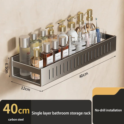 Gun Gray Wall Mounted No Drill Bathroom Shelf Shower Storage Rack Toilet Vanity Organizer Bathroom Accessories by zapcart
