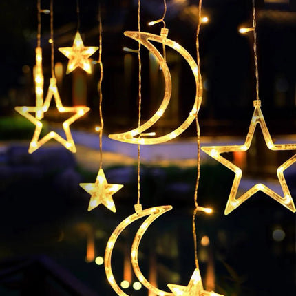 Solar Powered Star Moon LED Curtain String Light 8 Modes Hanging Fairy Garland Light for Garden Wedding Party Ramadan Decoration by zapcart