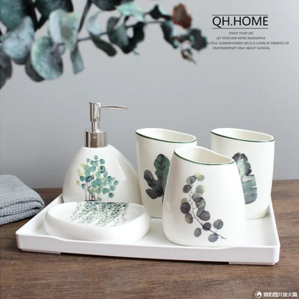 Green Nordic Ceramic Bathroom Set - Soap Dispenser, Toothbrush Holder, Tumbler & Soap Dish for Stylish Bathroom Organization by zapcart