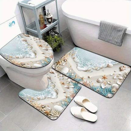 Beach Seaweed and Shell Bathroom Set - Soft Non Slip Contour Mat, Toilet Lid, and Bath Mat, Suitable for Beach Style Home Decor by zapcart