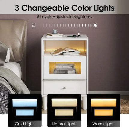 Bedside Table with Charging Station, Bedside Cabinet with Led Lights, 2 AC Outlets and 2 USB Ports, Nightstand with 2 Drawers,1 by zapcart