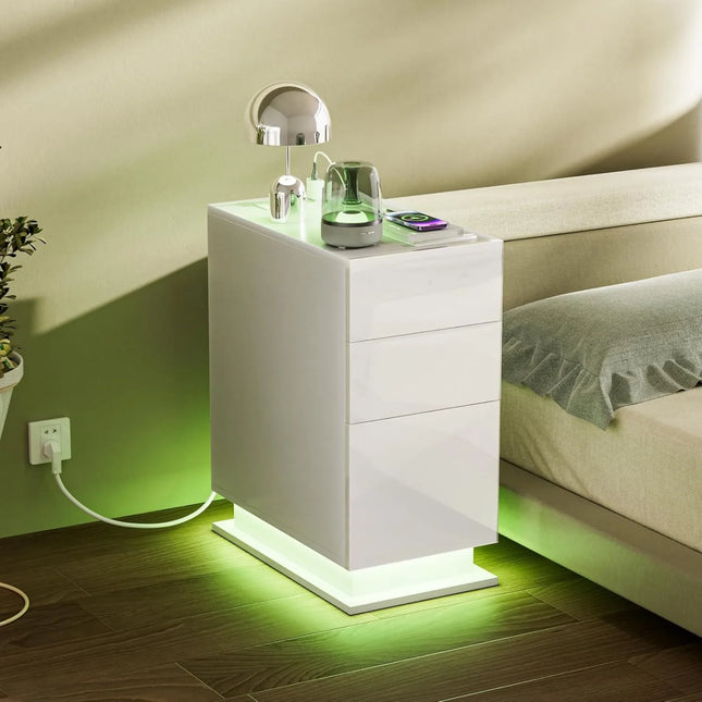 Bedside Table with 3 Drawers Bedside Cabinet with Light Wood Bedside Table with Charging Station 2AC/2USB Narrow Drawer Cabinet by zapcart