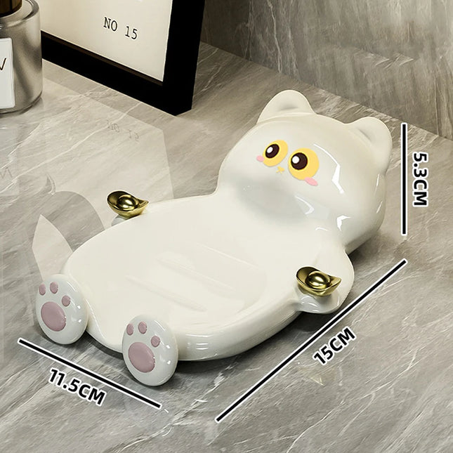 1pc Cute Cat Soap Dish, Creative Home Bathroom Soap Draining And Storage Tray, Lucky Cat Soap Box Bathroom Accessory. by zapcart