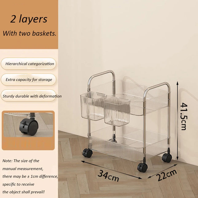 Light Luxury Storage Rack Trolley 2/3/4 Layers Transparent Acrylic Rolling Cart With Removable Hanging Baskets Snacks Bookshelf by zapcart