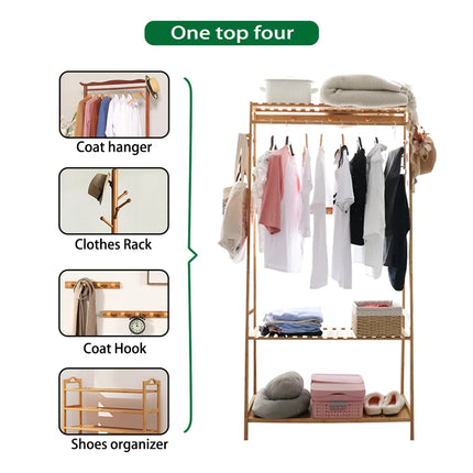 Bamboo Clothes Rail Stand Garment Rack Heavy Duty with 3 Tier Storage Shelves by zapcart