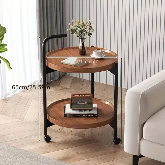 Multifunctional Double-Layer Coffee Table with Wheels, Hardwood Side Table and Rolling Storage, Ideal - Brown, Retro Style by zapcart