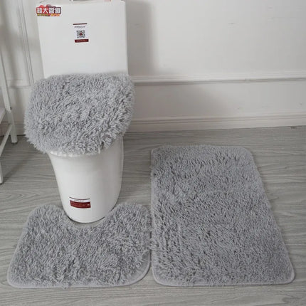 3pc Bathroom Set Rug Mat Toilet Lid Cover Plain Solid Color Bathmats Rugs Kit Non-Slip Fluffy Home Carpets For Bathroom by zapcart