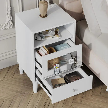 Bedside Table with Charging Station, Bedside Cabinet with Led Lights, 2 AC Outlets and 2 USB Ports, Nightstand with 2 Drawers,1 by zapcart