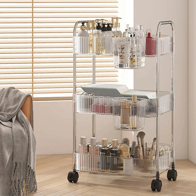 Light Luxury Storage Rack Trolley 2/3/4 Layers Transparent Acrylic Rolling Cart With Removable Hanging Baskets Snacks Bookshelf by zapcart