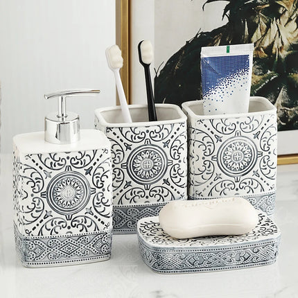 Modern Ceramic Lotion Bottle Soap Dish Toothbrush Holder Bathroom Set Flower Texture Porcelain Shampoo Bottling Soap Dispenser by zapcart