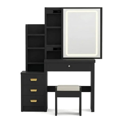 Table with Mirror and Stool, Vanity Table with LED Lights and Adjustable Brightness, Vanity Desk with Mirror, Makeup Desk for B by zapcart