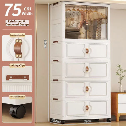 Foldable Child's Wardrobe Double Doors Large Capacity Storage Cabinet Simple Design Portable Organizer with Wheels for Kids Room by zapcart