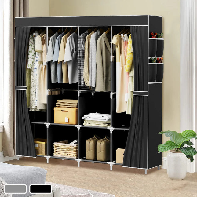 Large Fabric Canvas Wardrobe With Hanging Rail Shelving Clothes Storage Cupboard 4Row by zapcart
