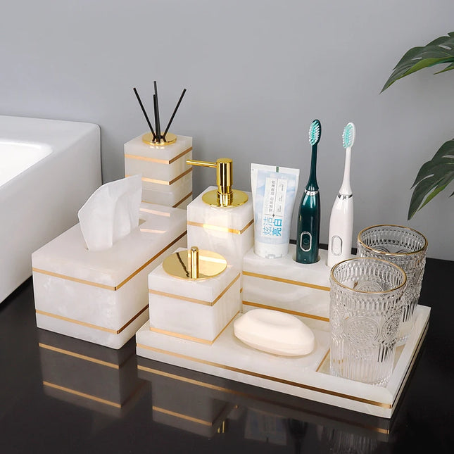 White Onyx Natural Marble Bathroom Accessories Set Gold Luxury Soap Dispenser Soap Dish Tray Toothbrush Holder Bathroom Set by zapcart