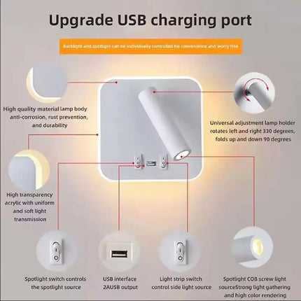 LED Wall Mounted Reading Light with Switch And USB Port Rotatable Bedside Wall Lamp Wall Sconce Spotlight for Bedroom by zapcart