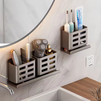 Bathroom Toothbrush And Toothpaste Storage Rack Washroom Wall-mounted Punch-free Washbasin Cosmetics Razor Comb Shelf by zapcart