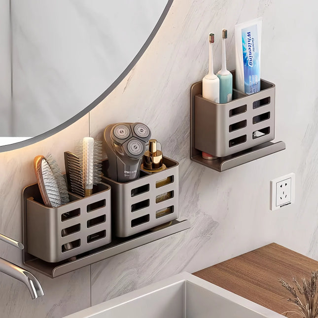 Bathroom Toothbrush And Toothpaste Storage Rack Washroom Wall-mounted Punch-free Washbasin Cosmetics Razor Comb Shelf by zapcart